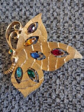 Vintage Gold Butterfly Brooch with Multicolor Gemstones